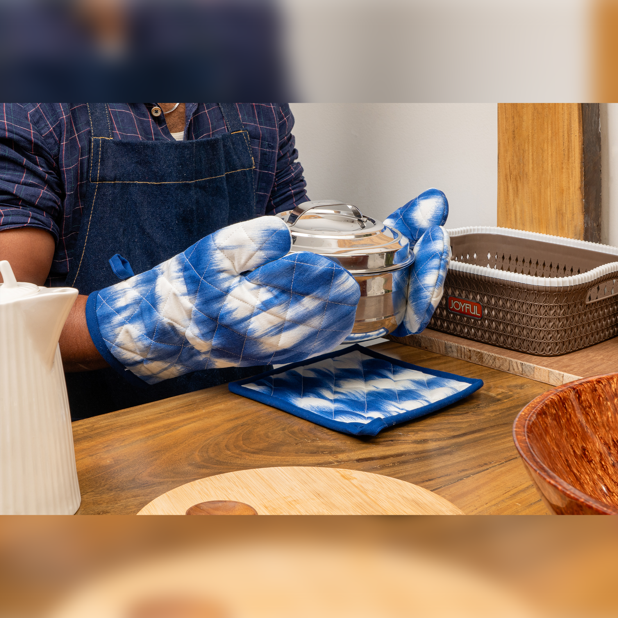 Waves Printed Mitten+Pot holder Combo-(Set/1+1)