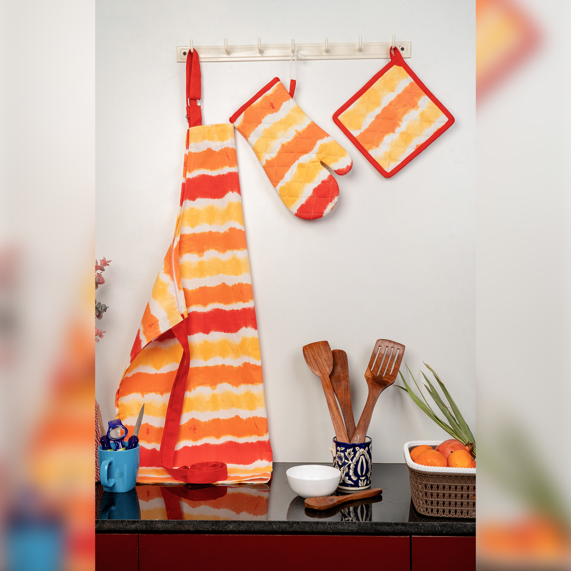 Sunset Printed Apron+Pot holder+Glove Combo-(Set/1+1+1)