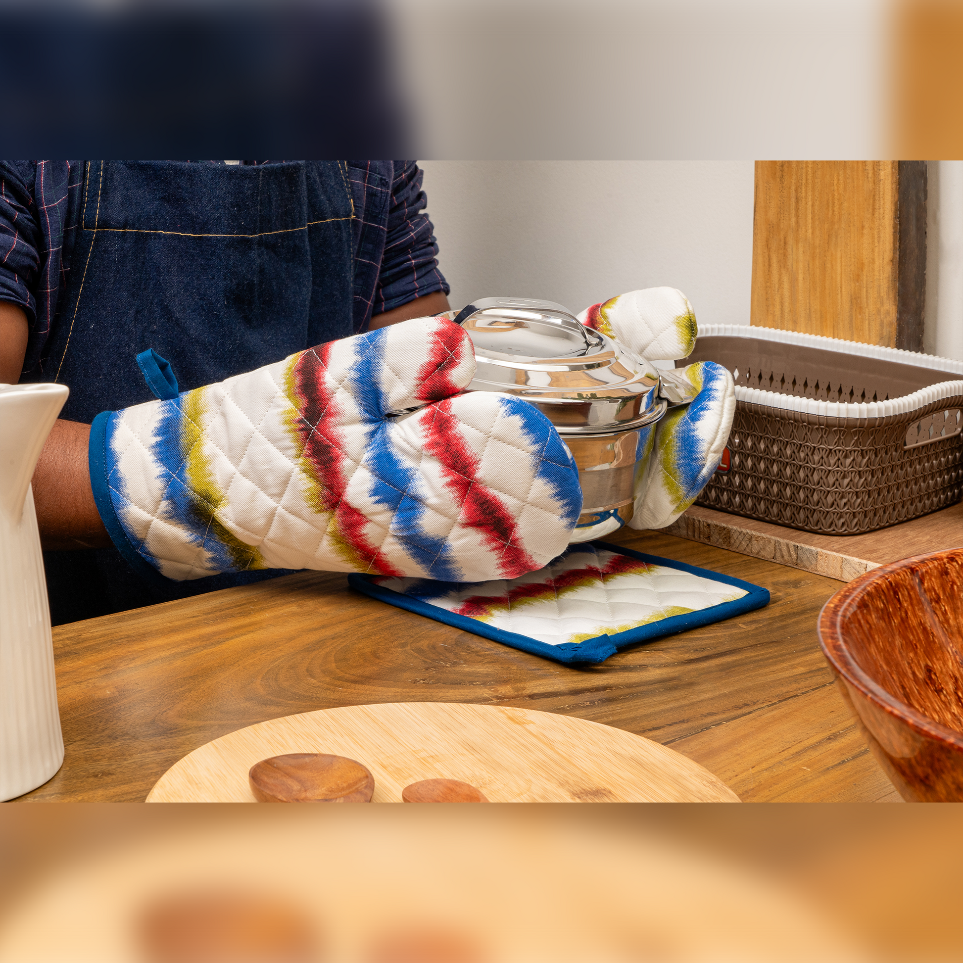 Waves Printed Mitten+Pot holder Combo-(Set/1+1)