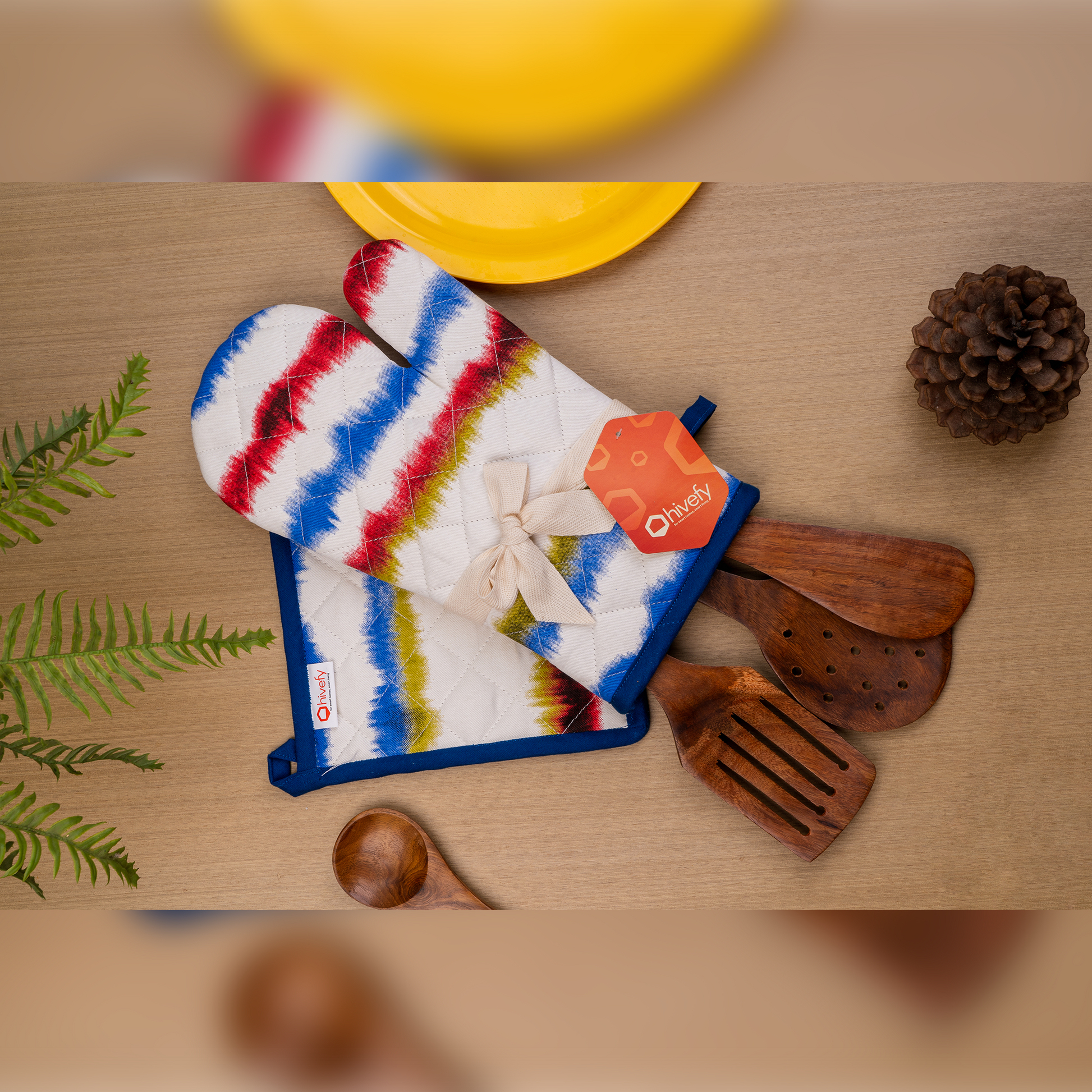 Waves Printed Mitten+Pot holder Combo-(Set/1+1)