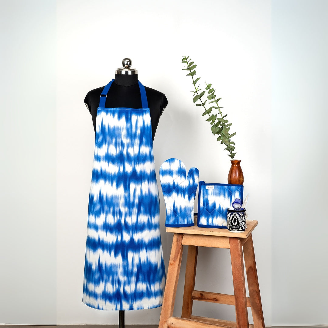 Waves Printed Apron+Pot holder+Glove Combo - (Set/1+1+1)