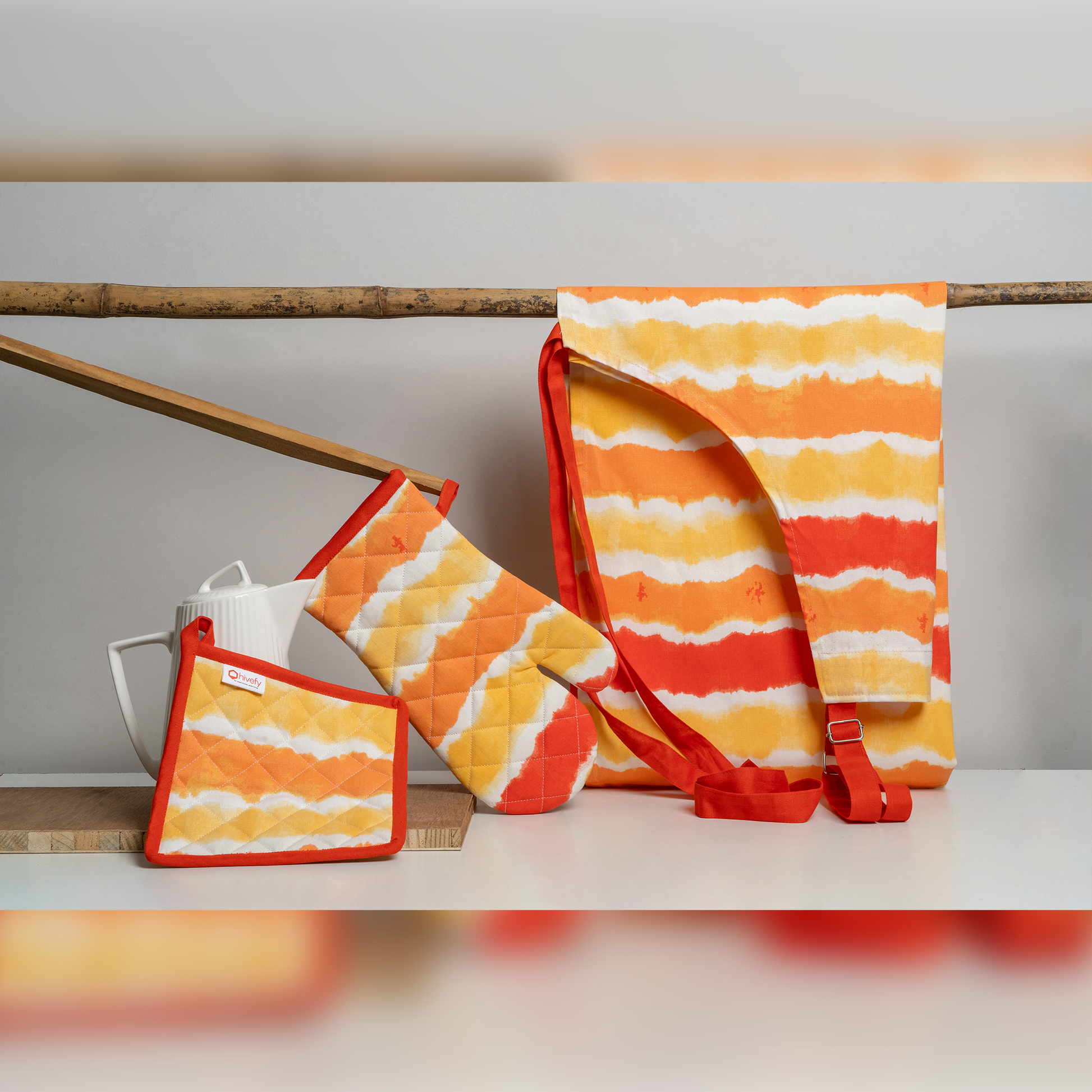 Sunset Printed Apron+Pot holder+Glove Combo-(Set/1+1+1)
