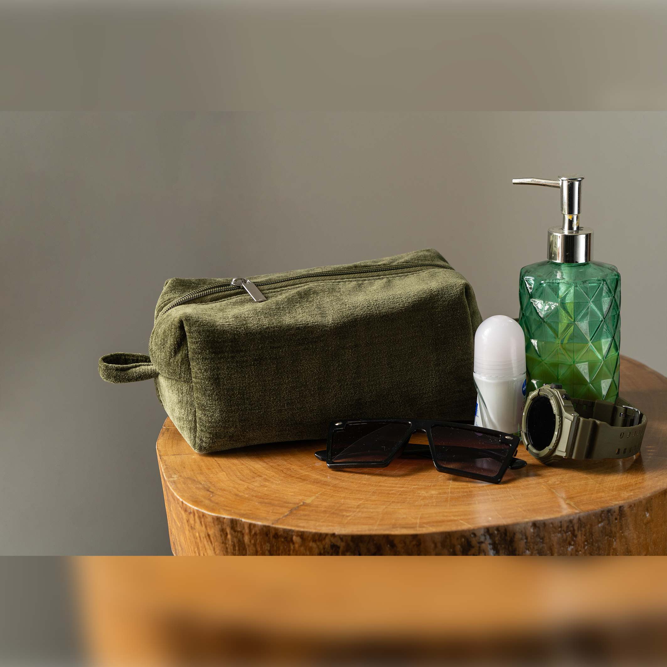 Olive Velvet Utility Pouch - Multi-Purpose Organizer (1 Pc)