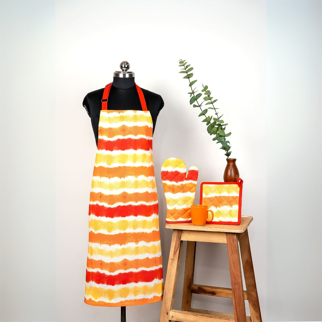 Sunset Printed Apron+Pot holder+Glove Combo-(Set/1+1+1)