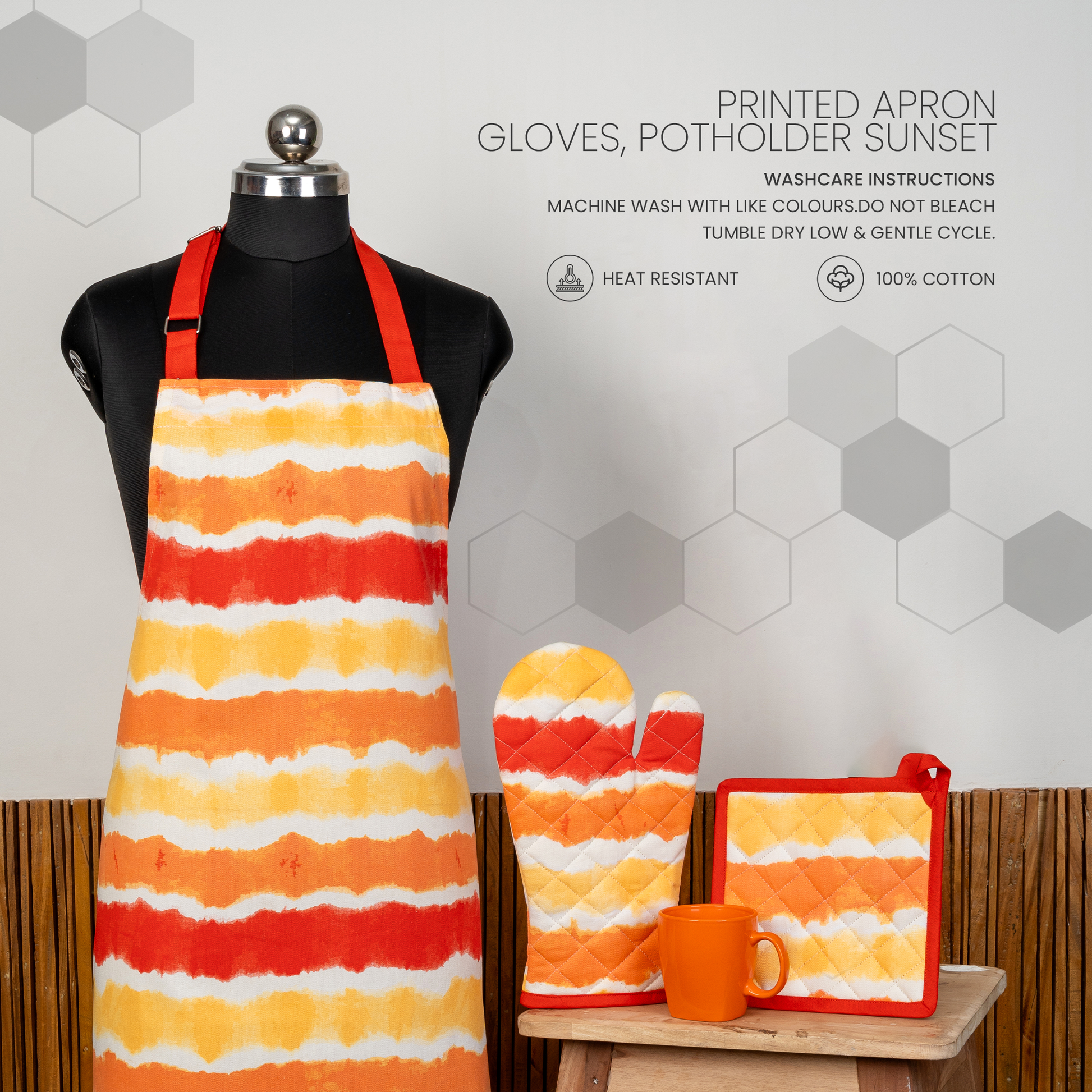 Sunset Printed Apron+Pot holder+Glove Combo-(Set/1+1+1)