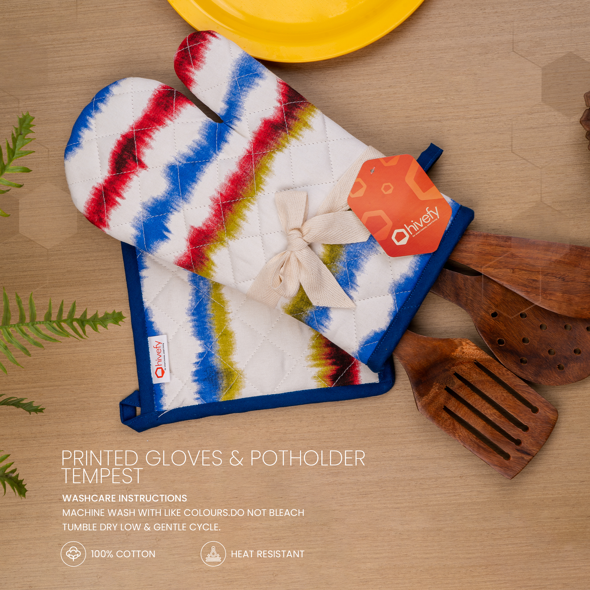 Waves Printed Mitten+Pot holder Combo-(Set/1+1)