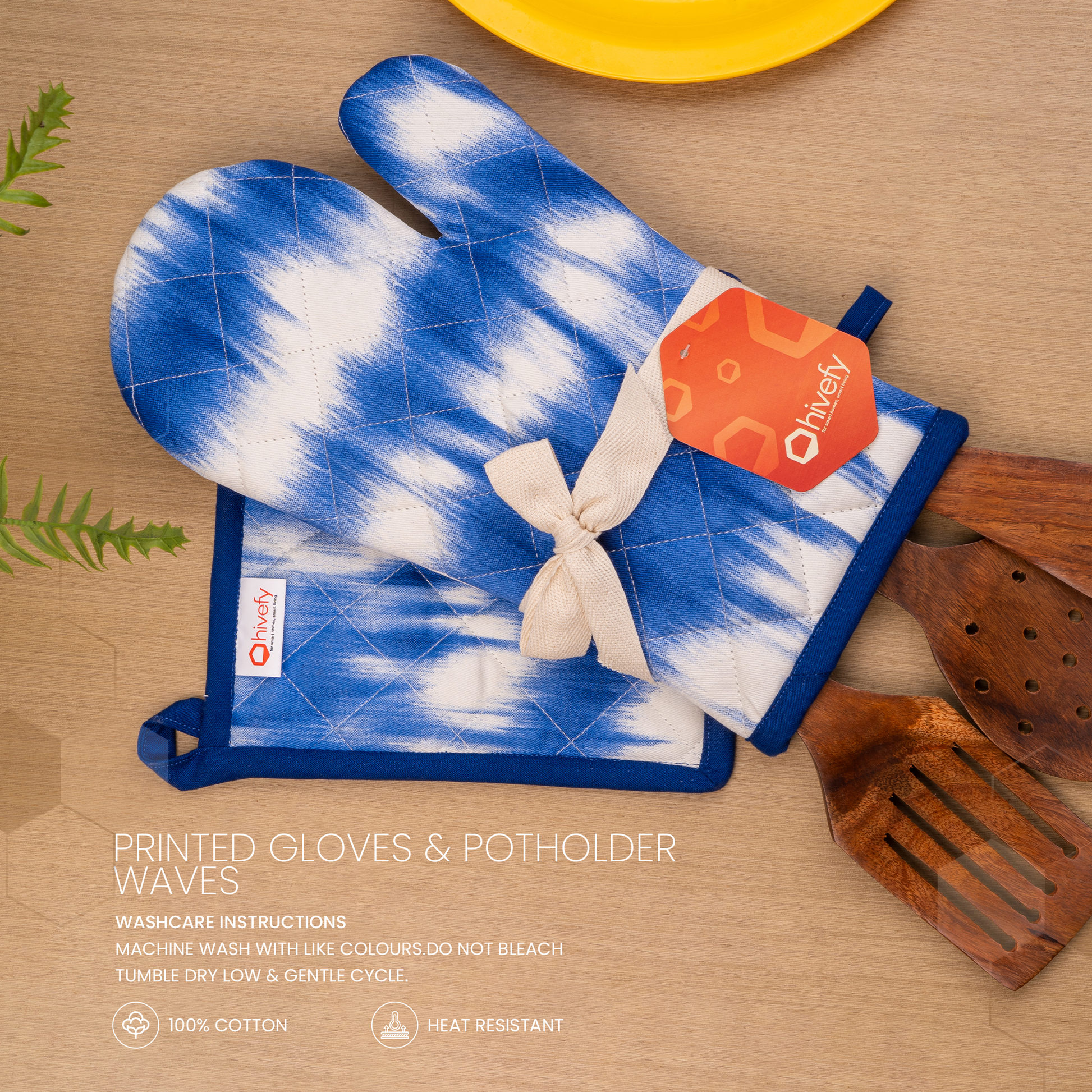 Waves Printed Mitten+Pot holder Combo-(Set/1+1)