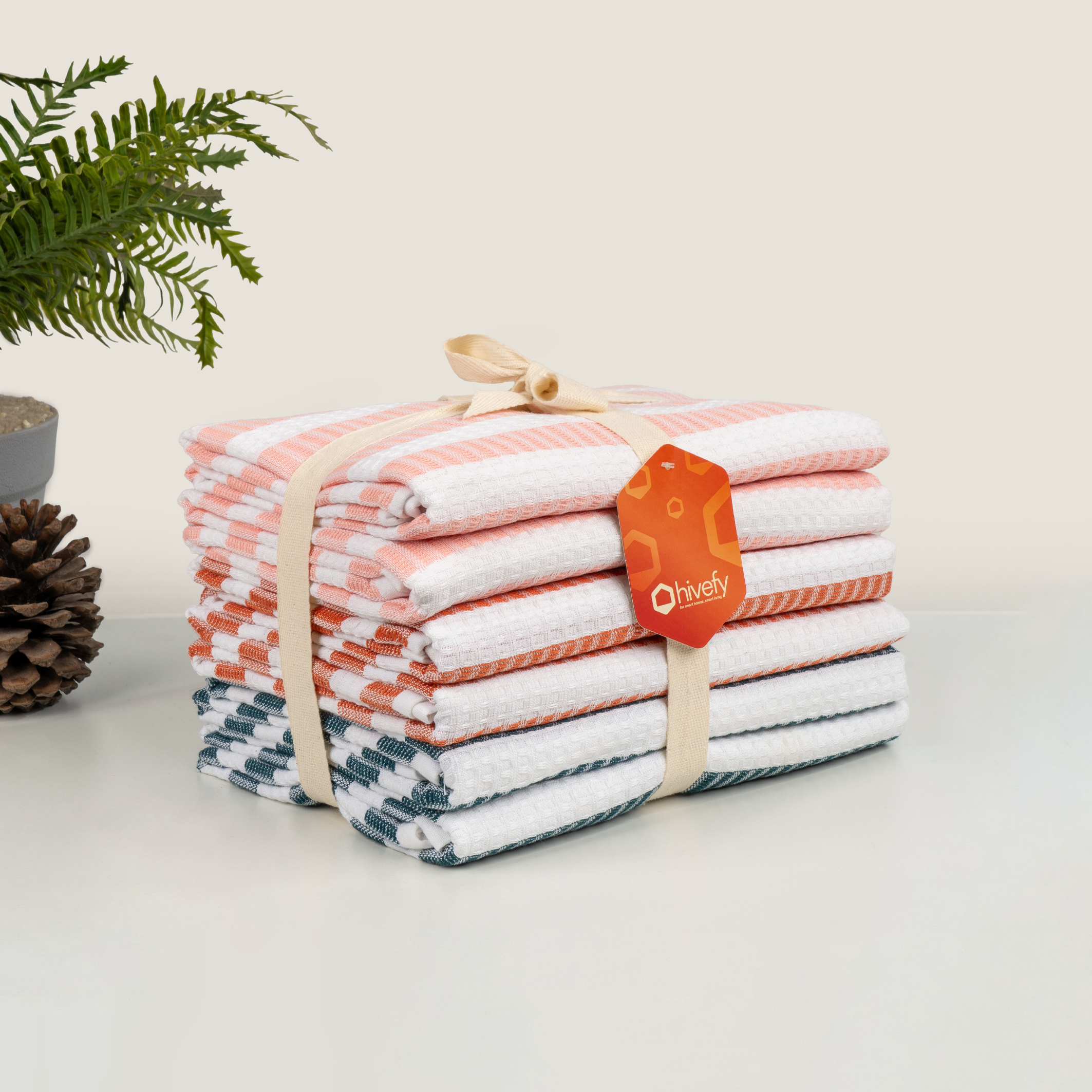 Honeycomb Stripe Bath Towels-peach/rust/peacock (Set/6)