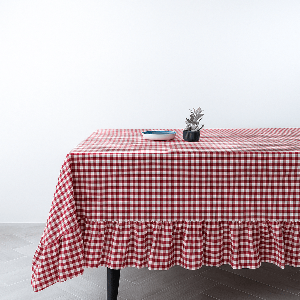 Cherry grid Premium Cotton Table Cloth With Frill