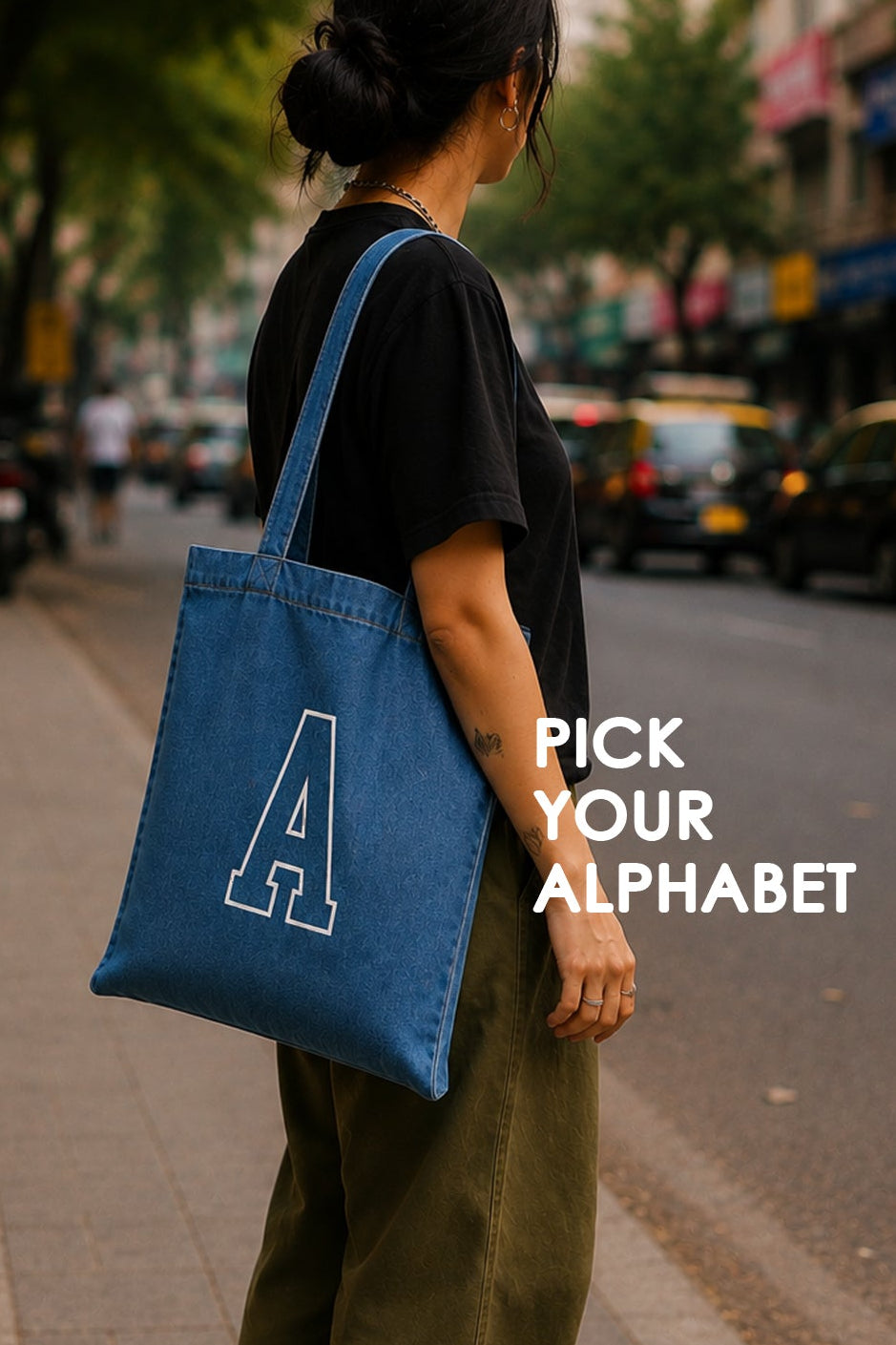 Alphabet - Denim Small Tote Bag