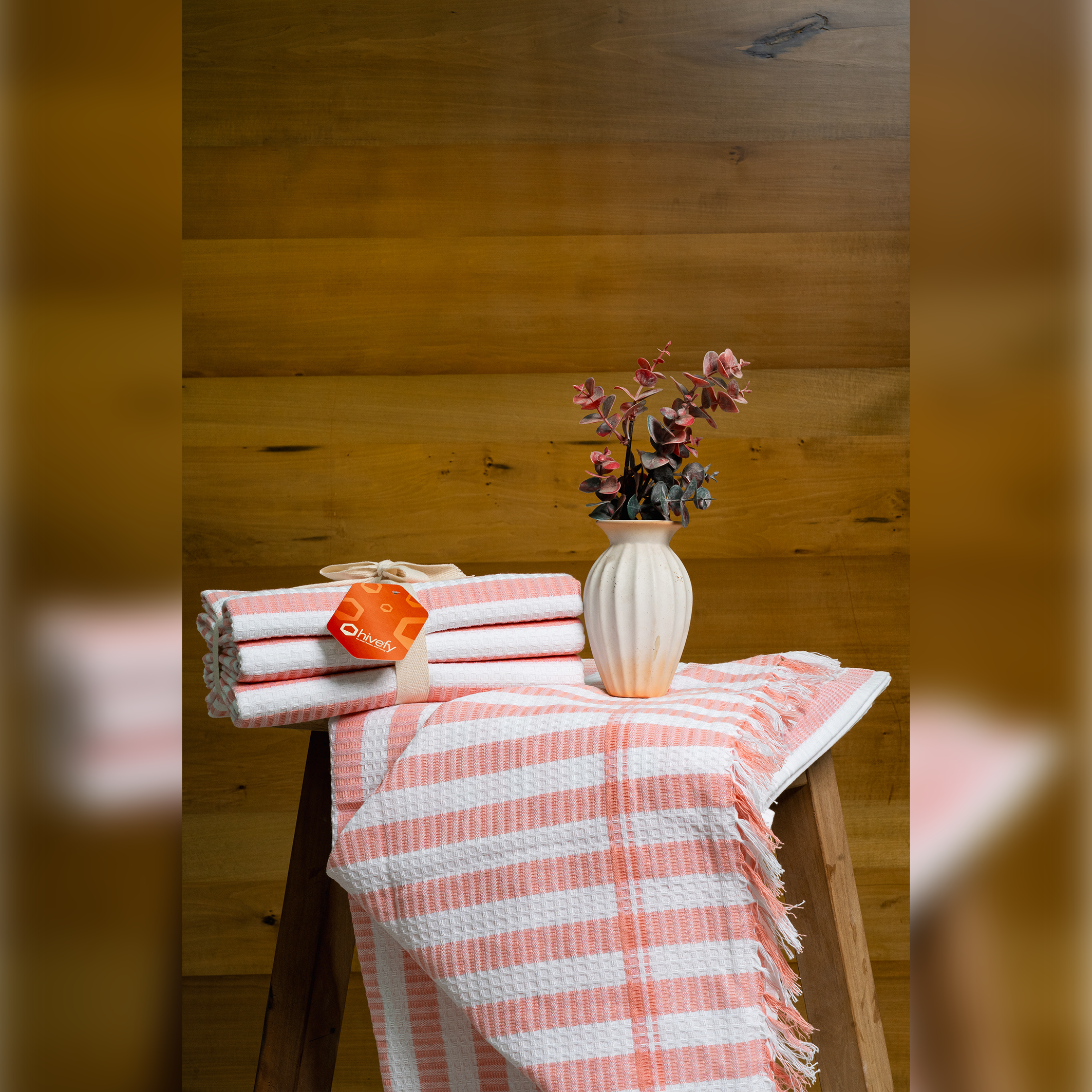 Honeycomb Stripe Bath Towels-Peach (Set/3)