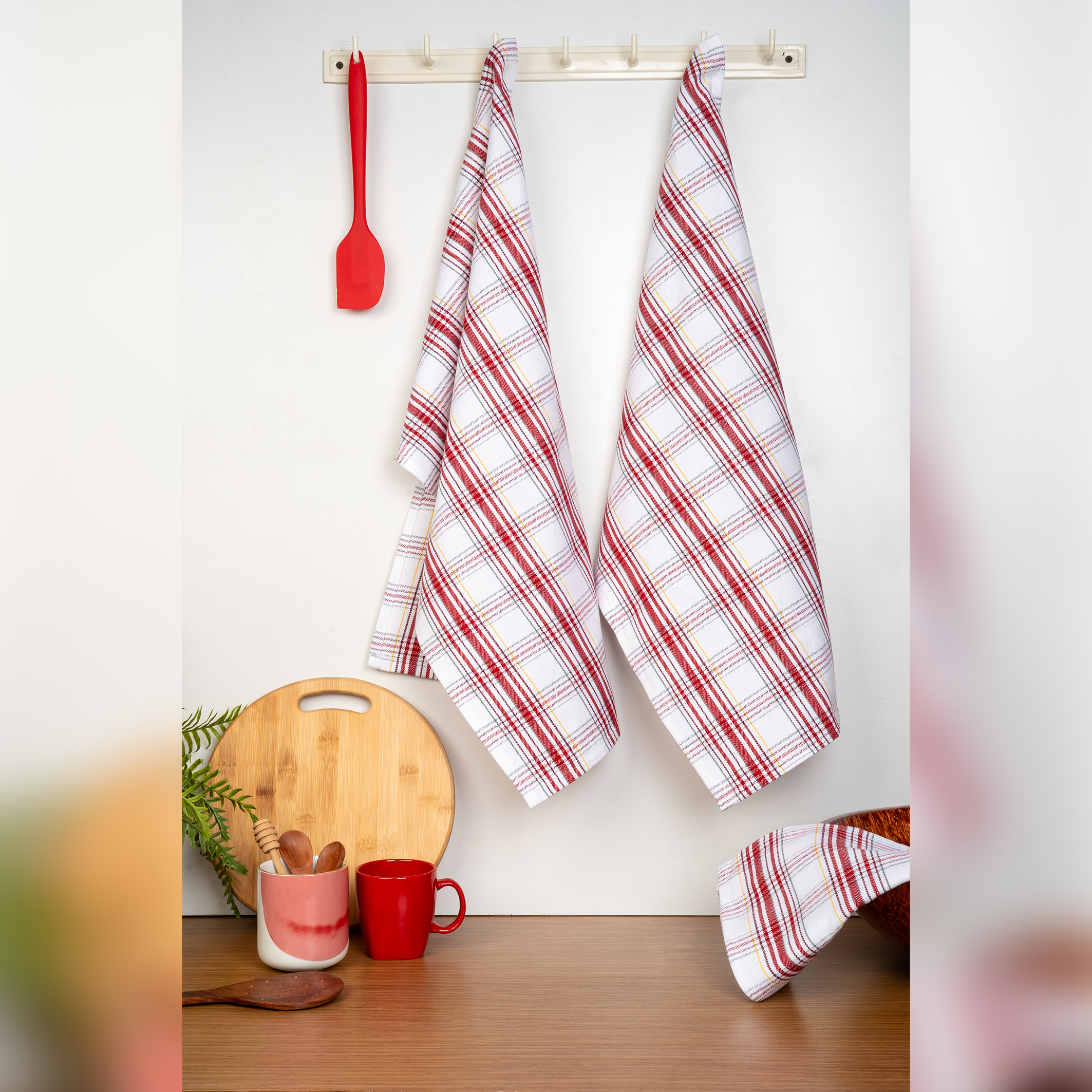 Dobby Checks Kitchen Towel-Strawberry fields (Set/3)