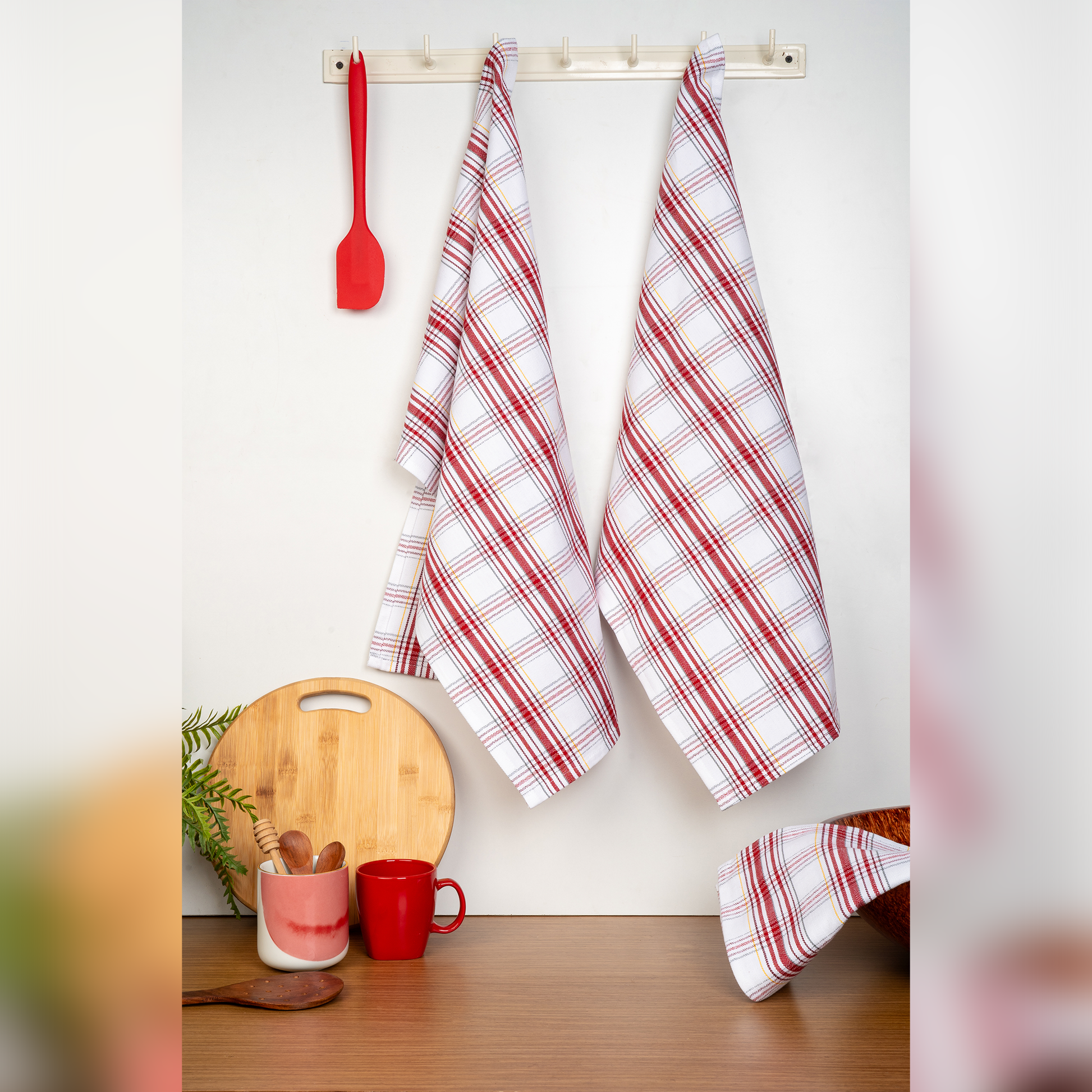 Dobby Checks Kitchen Towel-Strawberry fields (Set/3)