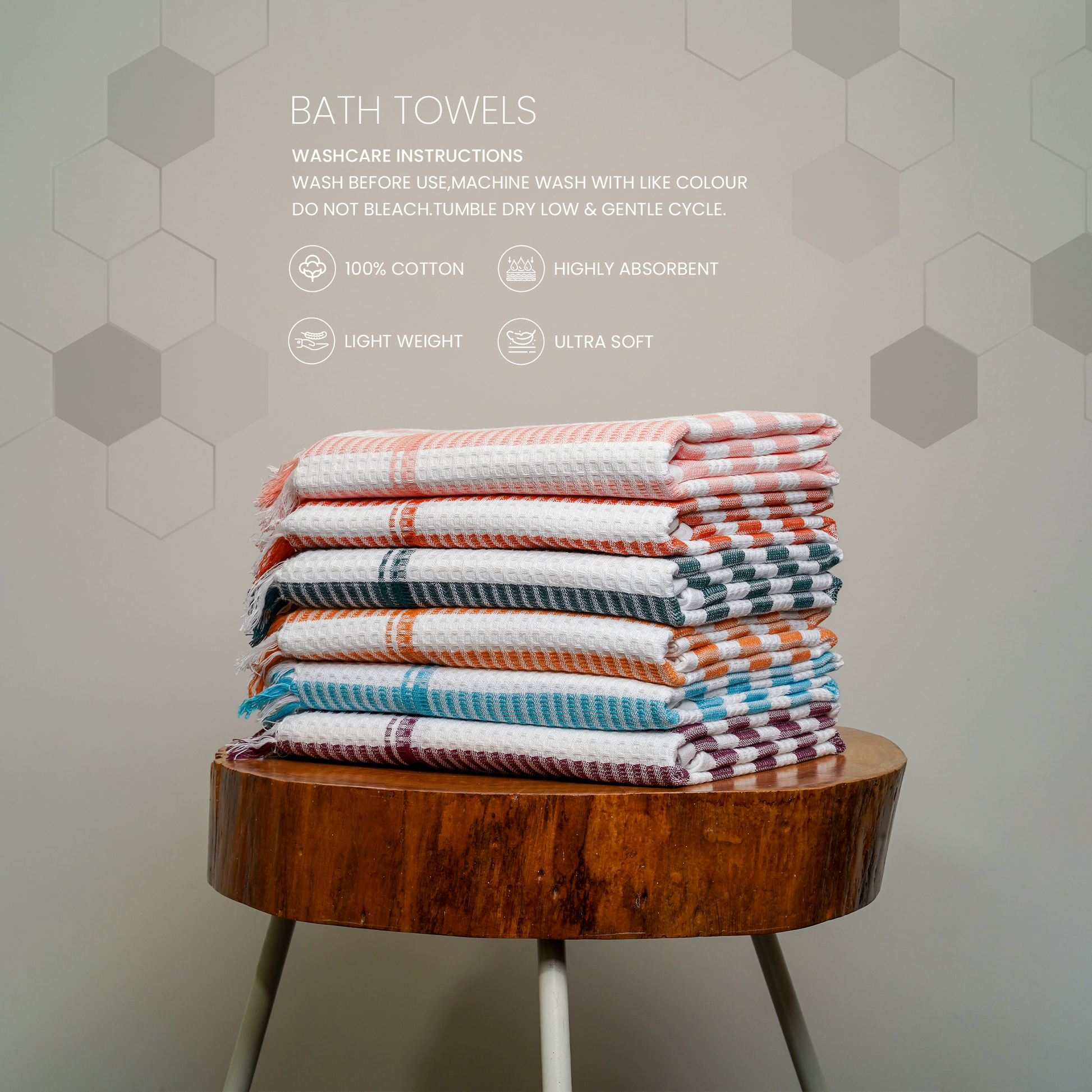 Honeycomb Stripe Bath Towels-peach/rust/peacock (Set/6)