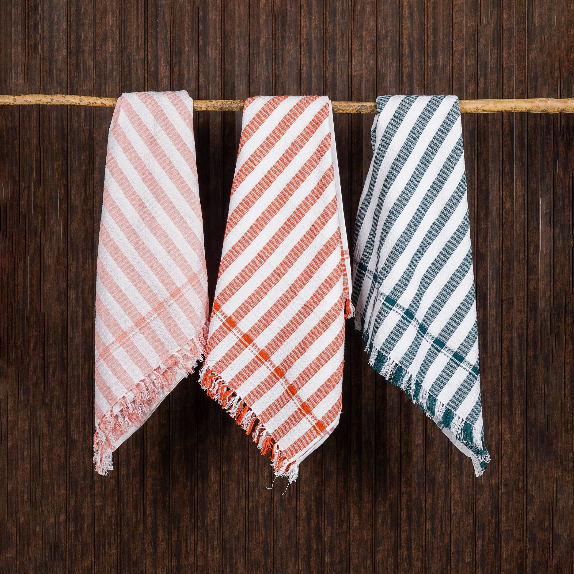 Honeycomb Stripe Bath Towels-peach/rust/peacock (Set/6)