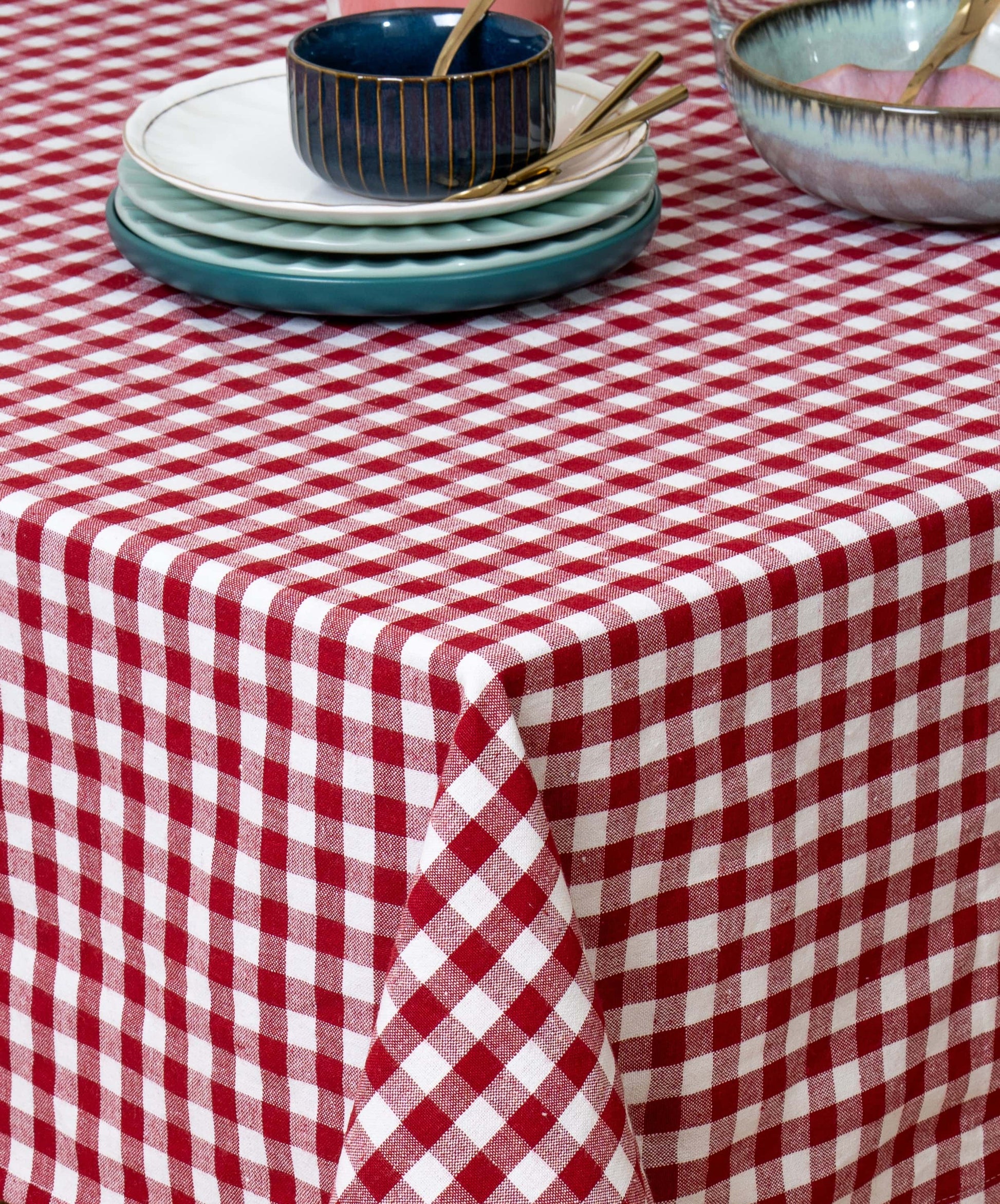 Cherry grid Premium Cotton Table Cloth With Frill