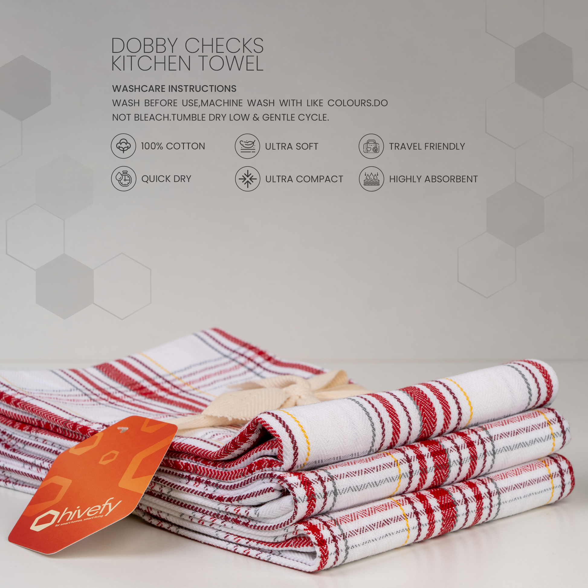 Dobby Checks Kitchen Towel-Strawberry fields (Set/3)